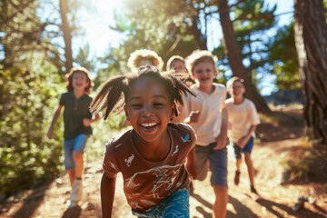 Fototapeta premium Children laughing and playing tag in a sunlit forest