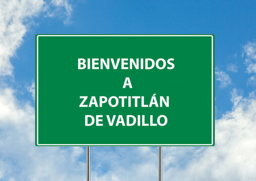 Siguiente salida Bienvenidos a ZAPOTITLÁN DE VADILLO una se&ntilde;al verde sobre fondo de cielo azul. Colecci&oacute;n de se&ntilde;ales de tr&aacute;fico conceptuales