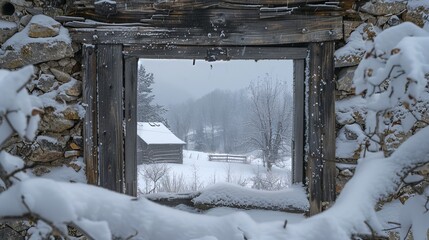Abandoned coal mine with a picturesque window framed by snow, creating a striking contrast between decay and beauty