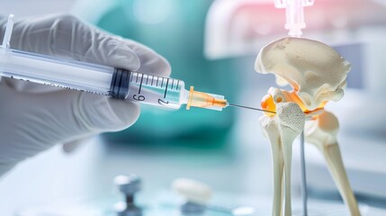 Facet joint injection, therapy against backbone injury or pain. Close-up of vertebrae with a syringe isolated on a white background 3D rendering illustration. 