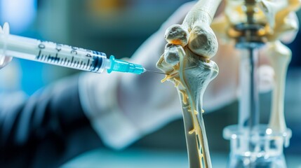 Facet joint injection, therapy against backbone injury or pain. Close-up of vertebrae with a syringe isolated on a white background 3D rendering illustration. 