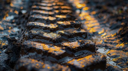 Close-up view of deep tractor tire tracks in wet humus, showing the intricate details of the muddy dirt road imprint