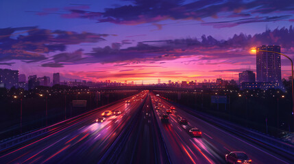 Obraz premium Purple Sunset Over City Highway for Urban Landscape or Travel Photography