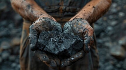 Detailed portrait of a coal miner holding a piece of coal, highlighting the contrast between the black coal and worn, calloused hands