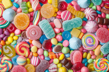 Fototapeta premium An overflowing assortment of colorful candies, tightly packed and filling the entire frame. 