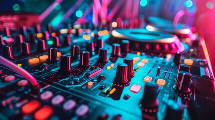Dj mixer.  regulating music on dj console mixer in concert nightclub
