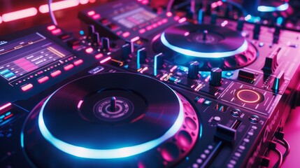 Nightclub DJ Setup, Controller Illuminated by Vibrant Neon Lights. club background wallpaper