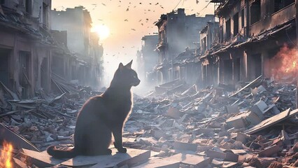 Cat hiding behind the ruins of a burning building in a dramatic and intense scene
