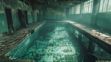Forgotten indoor deep pool, dilapidated surroundings, murky water, perfect setting for dive training scenario