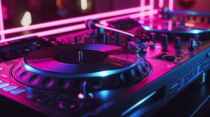 Nightclub DJ Setup, Controller Illuminated by Vibrant Neon Lights. club background wallpaper