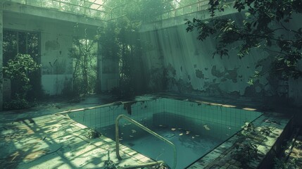 Forgotten indoor pool with peeling paint and overgrown vegetation, bathed in ethereal light, creating a hauntingly beautiful atmosphere