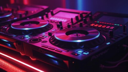 Nightclub DJ Setup, Controller Illuminated by Vibrant Neon Lights. club background wallpaper