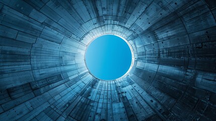 Naklejka premium Inside a cooling tower, gazing up at the clear blue sky, emphasizing the vast space and cylindrical structure