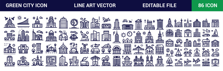 Green city icons. Sustainable development green city icon. Editable stroke. vector illustration.
