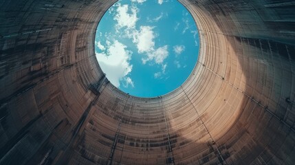 Inside a cooling tower of a nuclear power plant, looking up to see the circular opening framed by the blue sky