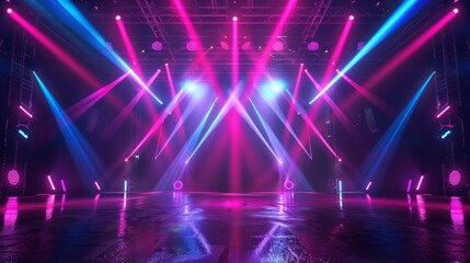 Abstract neon background. Wallpaper with red blue laser rays glowing in the dark. Bright projector shining on the dark empty stage