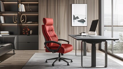 A minimalist workspace with a sleek desk and ergonomic chair, designed for maximum productivity and comfort.