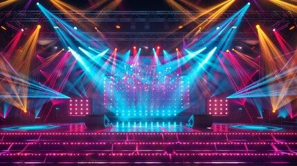 Abstract neon background. Wallpaper with red blue laser rays glowing in the dark. Bright projector shining on the dark empty stage