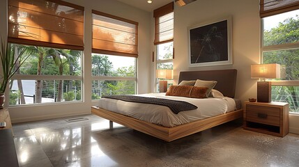 A serene bedroom with a modern platform bed and minimalist bedside tables, promoting relaxation and restful sleep.