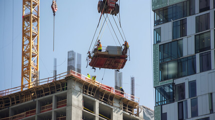 Fototapeta premium **A yellow crane is lifting heavy beams of building materials for construction on top, with the background being an unfinished highrise building under blue sky and white clouds. The scene showcases va