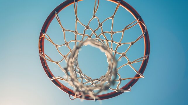 Look above view of a basketball hoop, capturing the net and rim from below against a clear sky