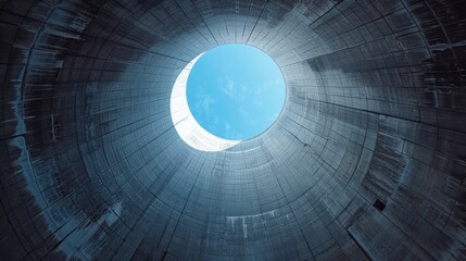 Looking up inside a cooling tower with a view of the blue sky, showcasing the towering structure and circular perspective