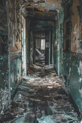Macro vertical shot of an abandoned building's decayed corridor, with moldy walls, shattered glass, and debris