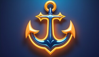 This neon sign depicts a classic blue and yellow anchor with glowing edges, set against a smoky background.