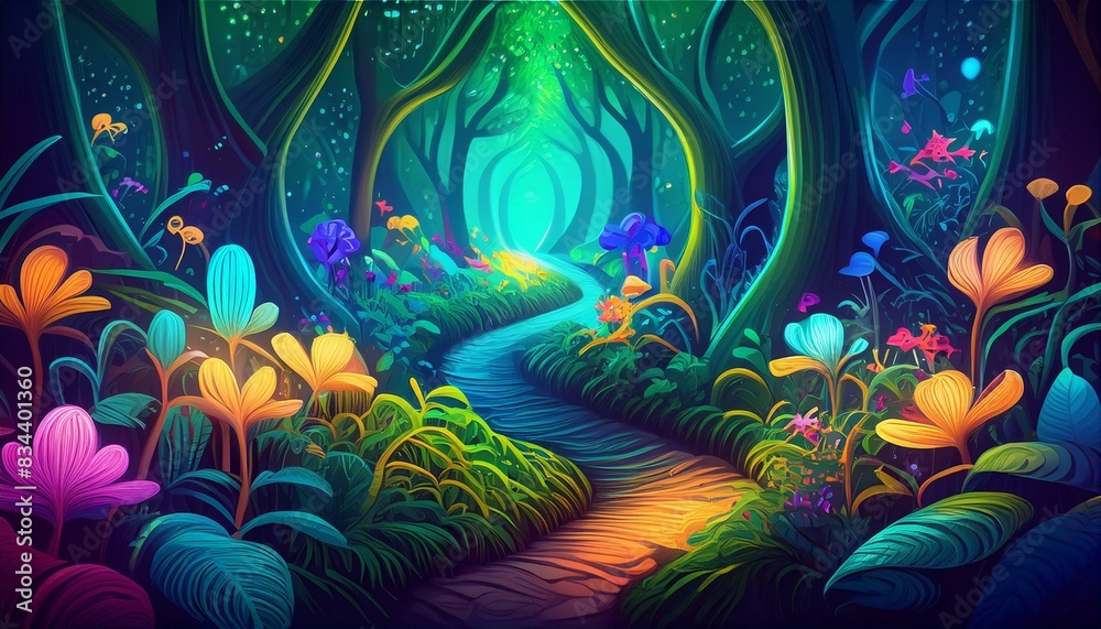 Wall mural a winding path through a forest where every leaf and flower emits a soft neon glow in various colors