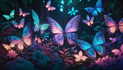 A serene garden filled with neon butterflies in shades of pink, blue, and yellow. The butterflies are hovering