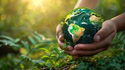 An Environmental protection with hands covering the earth decorated with greenery. Contrasting with the tropical summer landscape Symbol of the importance of ecological conservation