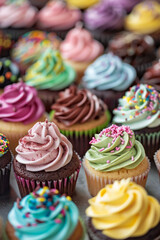 An assortment of decorated cupcakes, tightly packed to fill the entire frame. Each cupcake is topped with different colorful icing and sprinkles, showcasing a range of colors and designs