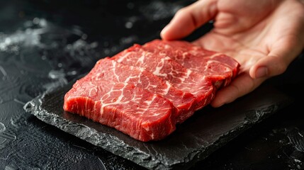 Hand presenting raw wagyu meat, close-up, isolated background, studio lighting, large text space, designed for advertisements