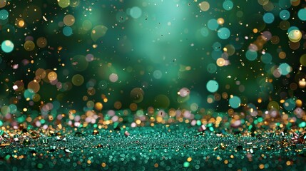 A vibrant green background with scattered confetti and a clear area for celebratory messages. - Event decoration background