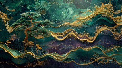 Immersive digital 3D mural with a rich green and purple nocturnal backdrop, adorned with flowing gold wave designs and a grand golden tree