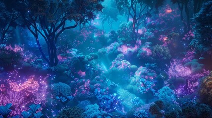 Enchanting neon forest with glowing plants, creating a magical and surreal atmosphere. Perfect for fantasy, nature, and dreamlike themes.