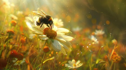 A bee laden with pollen examines the delicate petals of a white flower. that mesmerizes with the beauty and vitality of nature