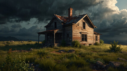 A house with a porch and a chimney sits on a hill