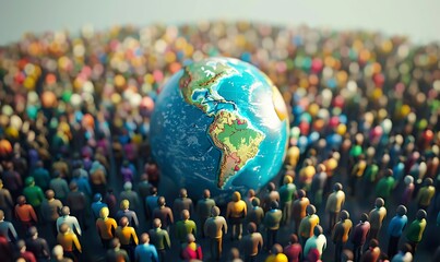 Obraz premium Global Community Representation with Diverse and Colorful Figures Encircling a Detailed World Globe on a Bright Blue Background, Symbolizing International Unity, Connection, and Cooperation