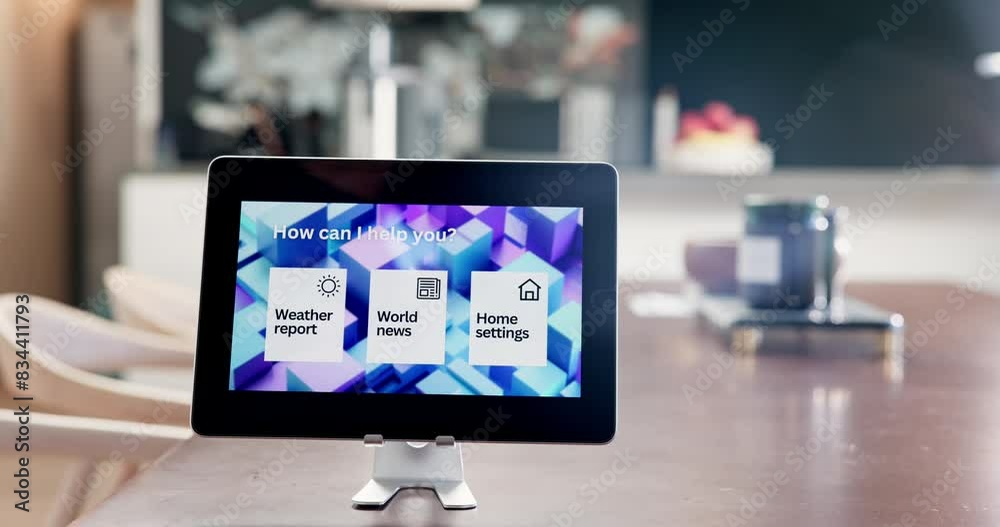 Poster Tablet, app and temperature for weather at home with application on device as thermostat, security and news updates daily. Digital, smart and technology for virtual control of air conditioning