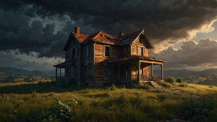 A house with a porch and a chimney sits on a hill
