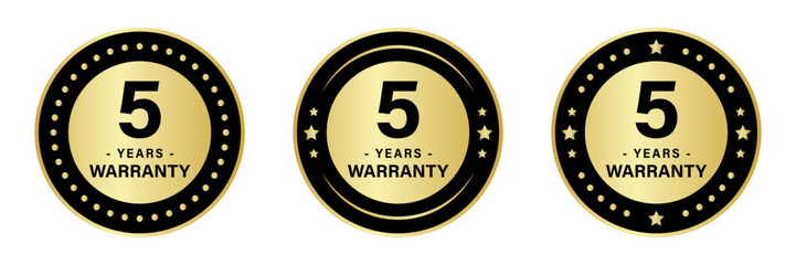 5 year warranty stamp logo in three different styles with stars to ensure product quality, available in gold and black colors.