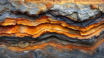 Fototapeta premium A detailed abstract of sedimentary rock layers, showcasing stratified layers with varying colors and patterns, formed over centuries, rich earthy tones, intricate textures.