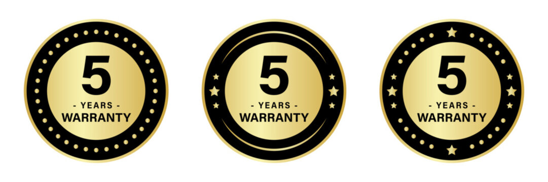5 year warranty stamp logo in three different styles with stars to ensure product quality, available in gold and black colors.