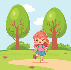 Girl with backpack standing at the park grounds vector illustration