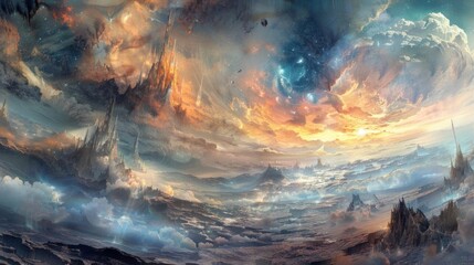 Fototapeta premium Surreal, fantasy landscape with dramatic clouds, otherworldly mountains and swirling skies, creating a mesmerizing and dreamlike atmosphere.