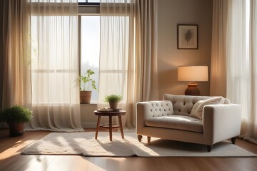 Fototapeta premium interior space with warm lighting from sunlight through sheer curtains over a large window.