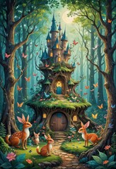 Fototapeta premium Enchanting Treehouse Castle in a Dreamy Forest