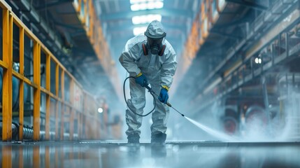 Obraz premium Worker in protective gear using a paint spray gun to coat a metal structure in a spacious industrial facility, paint mist creating a dramatic effect