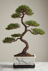 Bonsai Tree In A White Pot On A Marble Table